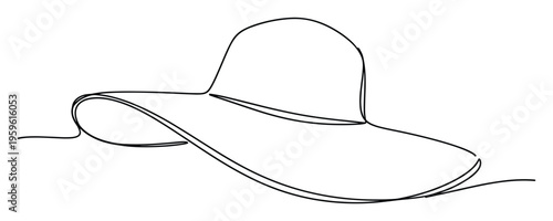Elegant widebrimmed sun hat depicted in a continuous single line drawing style perfect for summer fashion travel accessory and vacation themed projects