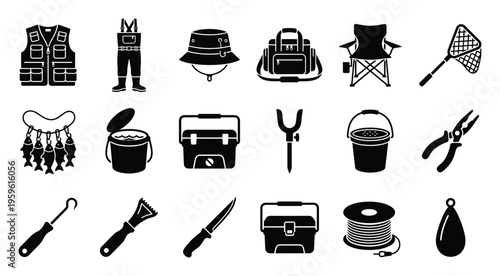 Fishing equipment and angling gear collection for outdoor enthusiasts, perfect for illustrating fishing supplies and adventure sports guides