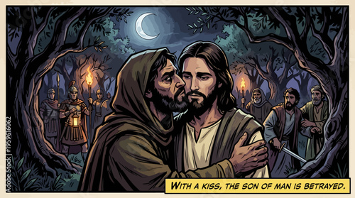 Judas Betrays Jesus with a Kiss in Garden.