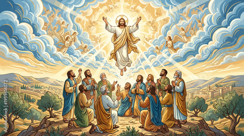 Jesus Christ Ascension into Heaven with Disciples Witnessing.