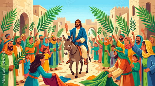 Jesus Christ Riding Donkey into Jerusalem Palm Sunday Celebration.