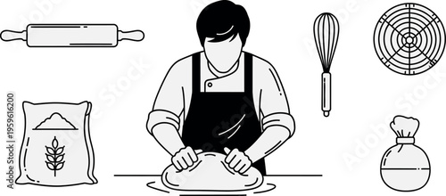 Baker, baking icons, kitchen utensils, food preparation, vector illustrations