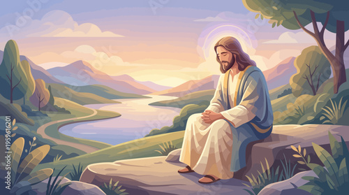 Jesus Christ Sitting Contemplating Serene Landscape.