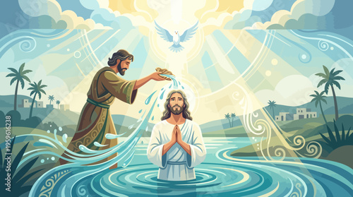 Jesus Christ Baptism by John the Baptist in River Jordan.