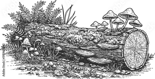 decaying tree log with mushrooms and plants detailed black and white nature illustration
