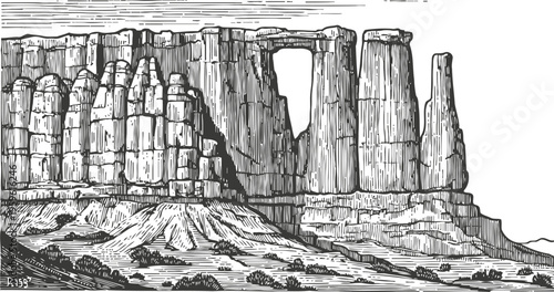 Ancient rock formation with natural arch in desert landscape detailed black and white illustration