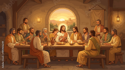 Jesus Christ and his disciples sharing the Last Supper.
