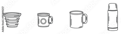 Various outlines of beverage containers including a collapsible cup, two handled mugs, and a thermos flask for graphic projects and product representations