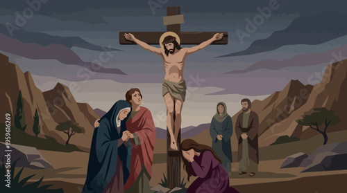Jesus Christ Crucifixion Scene with Mourners on Calvary Hill.