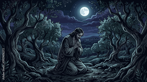 Jesus Christ Praying in Garden at Night Under Moonlight.