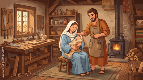 Mary Joseph and Baby Jesus in a humble carpenters workshop.