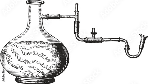 Vintage distillation apparatus glass flask and connected metal pipes illustration