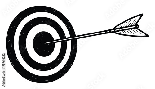 This black and white handdrawn target with an arrow hitting the bullseye represents achieving goals and precision, perfect for business success graphics or motivational presentations.
