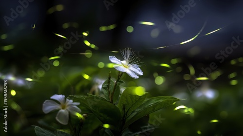Ethereal fireflies dance and glow around a delicate white flower in the enchanting twilight of a natural meadow.