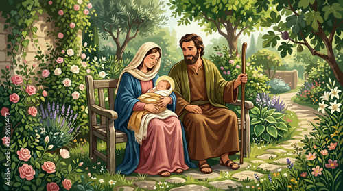 Holy Family with Baby Jesus in a Serene Garden Setting.