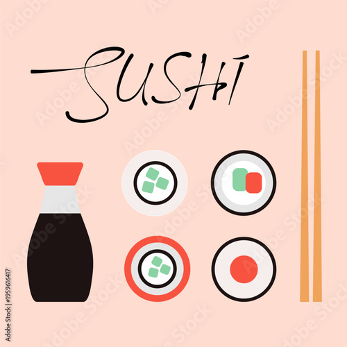 Minimalist sushi art with soy sauce bottle, rolls, and chopsticks in flat design