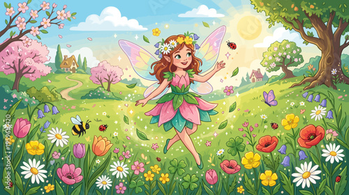 Enchanting Fairy Dancing Amidst Vibrant Spring Flowers.