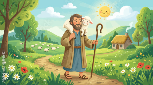 Shepherd Carrying Lost Lamb on Shoulders with Staff.