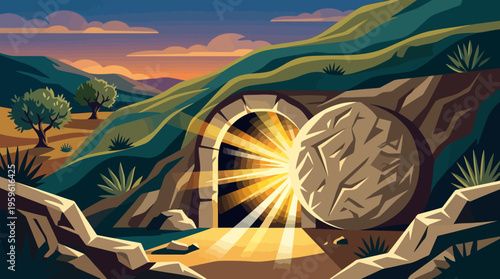 Empty Tomb of Jesus Christ with Radiant Light.