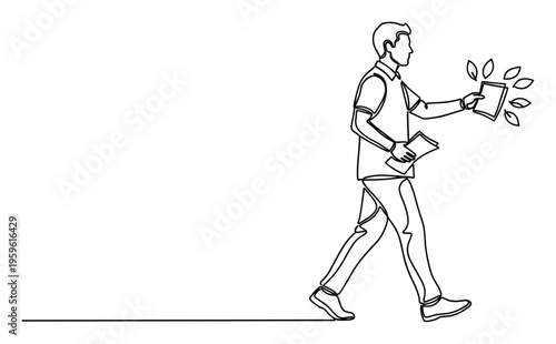 Man walking forward, presenting innovative ecofriendly papers with fresh green leaves symbolizing environmental growth, ideal for business and sustainable development campaigns.