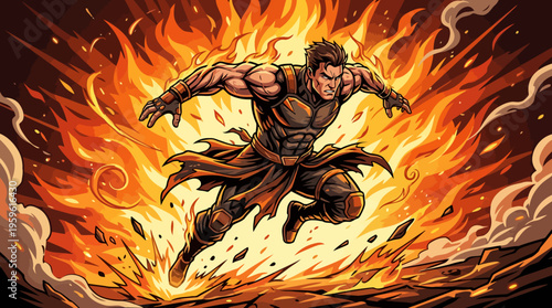 Powerful Heroic Figure Emerging from Fiery Explosion Dynamic Action.