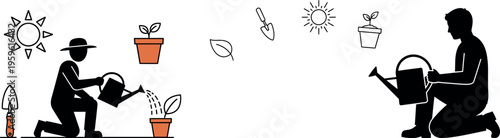 Gardening icons, plant care symbols, watering can, potted plants, gardening tools