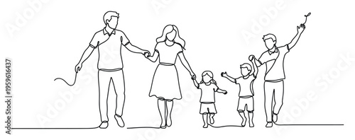 Continuous one line drawing of two happy families, parents and children walking together, symbolizing strong bonds and unity for family relationship concepts and community illustrations