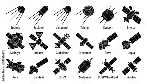 Extensive collection of diverse satellite silhouettes showcasing different generations of orbital spacecraft and communication technology, ideal for educational resources, scientific