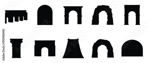 Diverse architectural arch, bridge, and column silhouettes with natural rock formations, perfect for historical, structural, ancient themed graphic projects and educational materials.