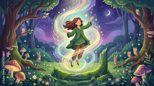 Enchanting Young Woman Floating Amidst Magical Forest Glow.
