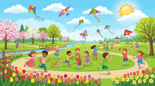 Happy Diverse Children Playing Outdoors in a Vibrant Spring Park.