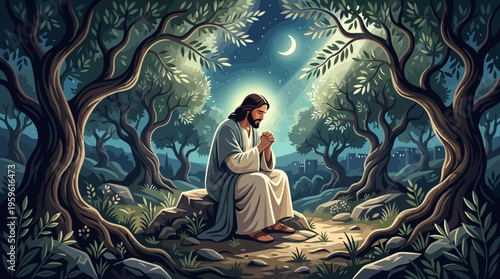 Jesus Christ Praying in the Garden of Gethsemane at Night.