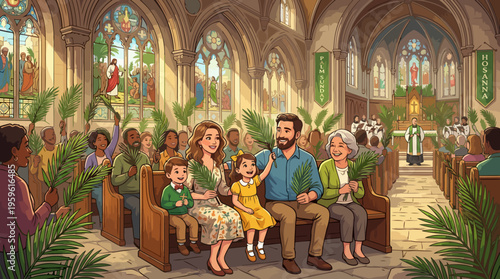 Family Celebrating Palm Sunday in Church with Palms.