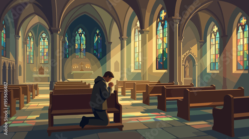 Man Kneeling in Prayer Inside a Serene Church.