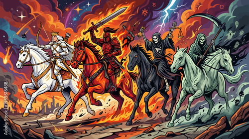 Four Horsemen of the Apocalypse Riding Through Fiery Landscape.