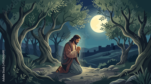 Jesus Praying in Garden Under Moonlight.