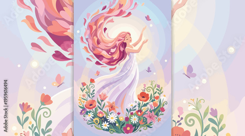 Woman Embracing Nature with Flowing Hair and Floral Elements.