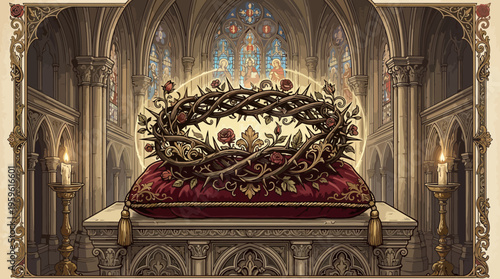 Crown of Thorns on Red Cushion in Church Setting.