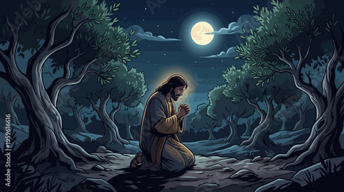 Jesus Christ Praying in Garden at Night Under Full Moon.