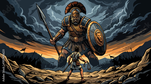 David and Goliath Biblical Battle Scene Illustration.