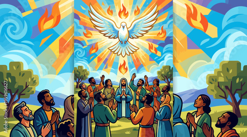 Pentecost Event with Holy Spirit Dove and Disciples.