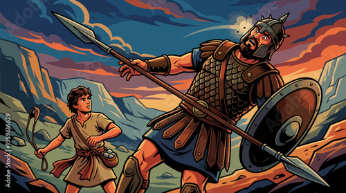 David and Goliath Biblical Story Illustration.