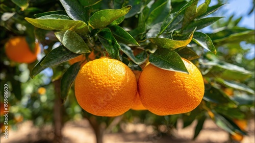 Close-up view of ripe, vibrant oranges growing on a citrus tree branch with lush green leaves in an orchard