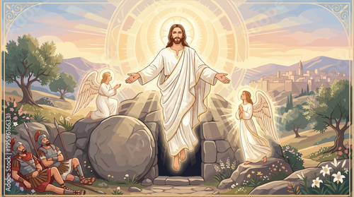 Jesus Christ Resurrection from Tomb with Angels and Disciples.