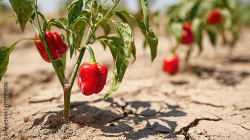 Vibrant Red Chili Peppers Ripening on a Plant in a Dry Field Under Bright Sunlight