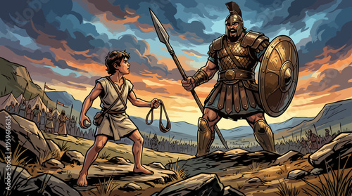 David and Goliath Biblical Battle Scene.