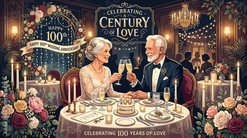 Elderly Couple Celebrating 100th Wedding Anniversary with Champagne Toast.
