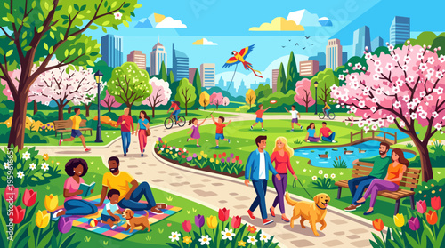 Vibrant urban park scene with diverse people enjoying leisure activities outdoors.