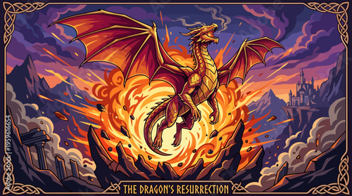 Majestic Dragon Emerging from Fiery Inferno with Powerful Wings Spread.
