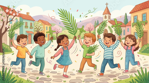 Joyful Diverse Children Celebrating Palm Sunday with Palm Fronds.